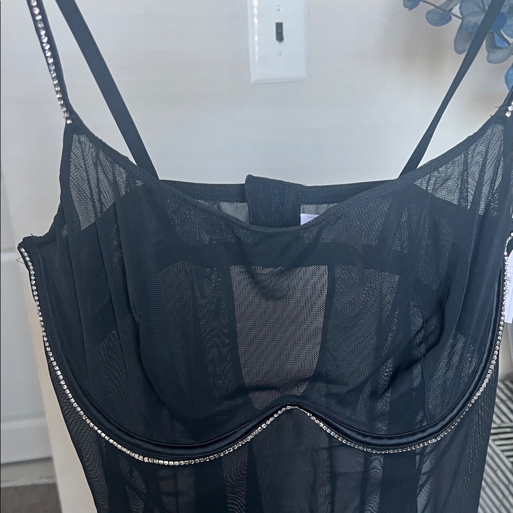 Auden Black Satin Slip Dress with Rhinestone Trim NWT